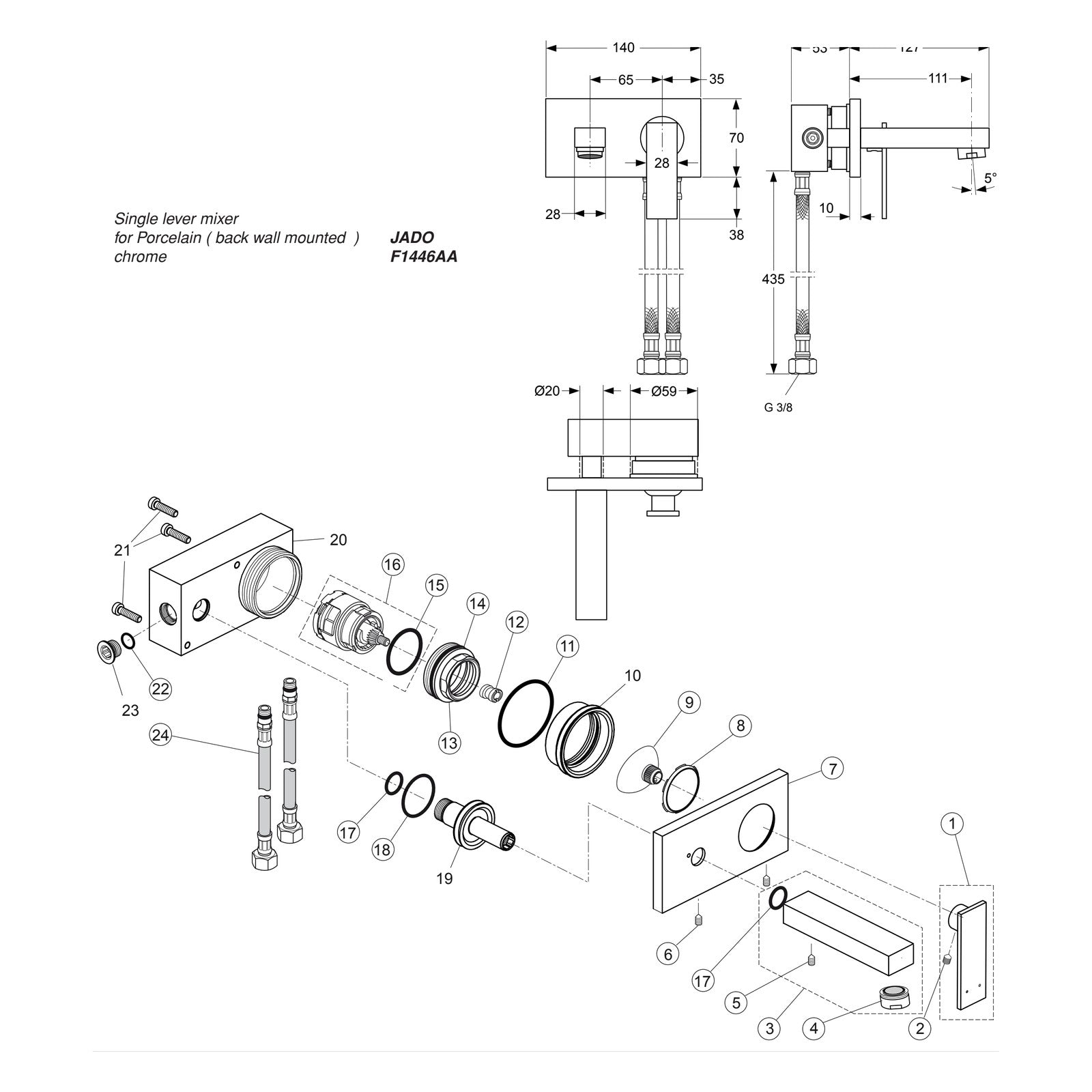 Onderdelentekening Jado Onderdelen Cubic (Borma series) 1-greeps Wand inbouw Wastafelkraan F1446AA