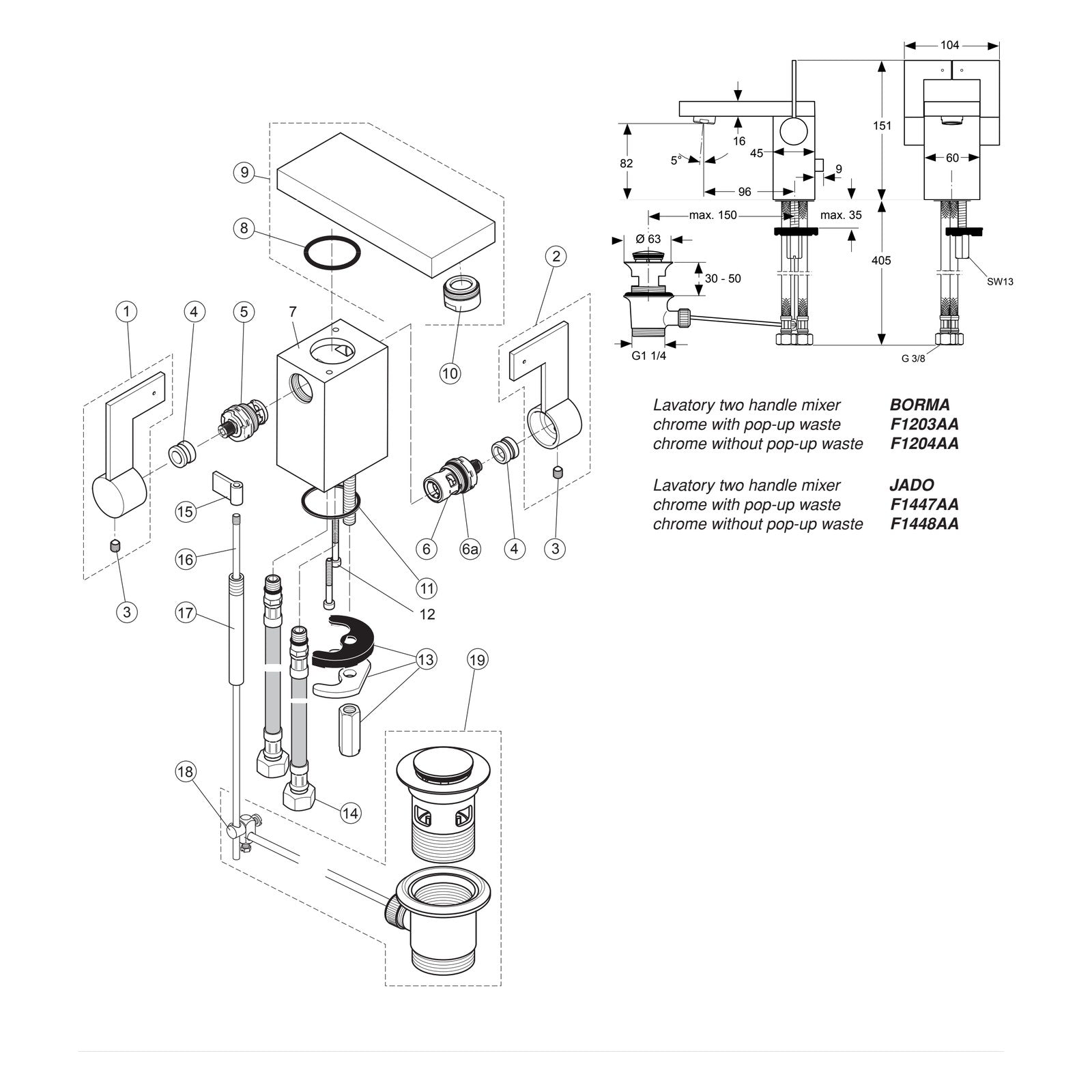 Onderdelentekening Jado Onderdelen Cubic (Borma series) 2-greeps Wastafelkraan F1447AA / F1448AA / F1203AA / F1204AA