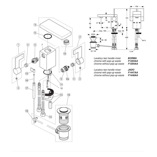 Onderdelentekening Jado Onderdelen Cubic (Borma series) 2-greeps Wastafelkraan F1447AA / F1448AA / F1203AA / F1204AA