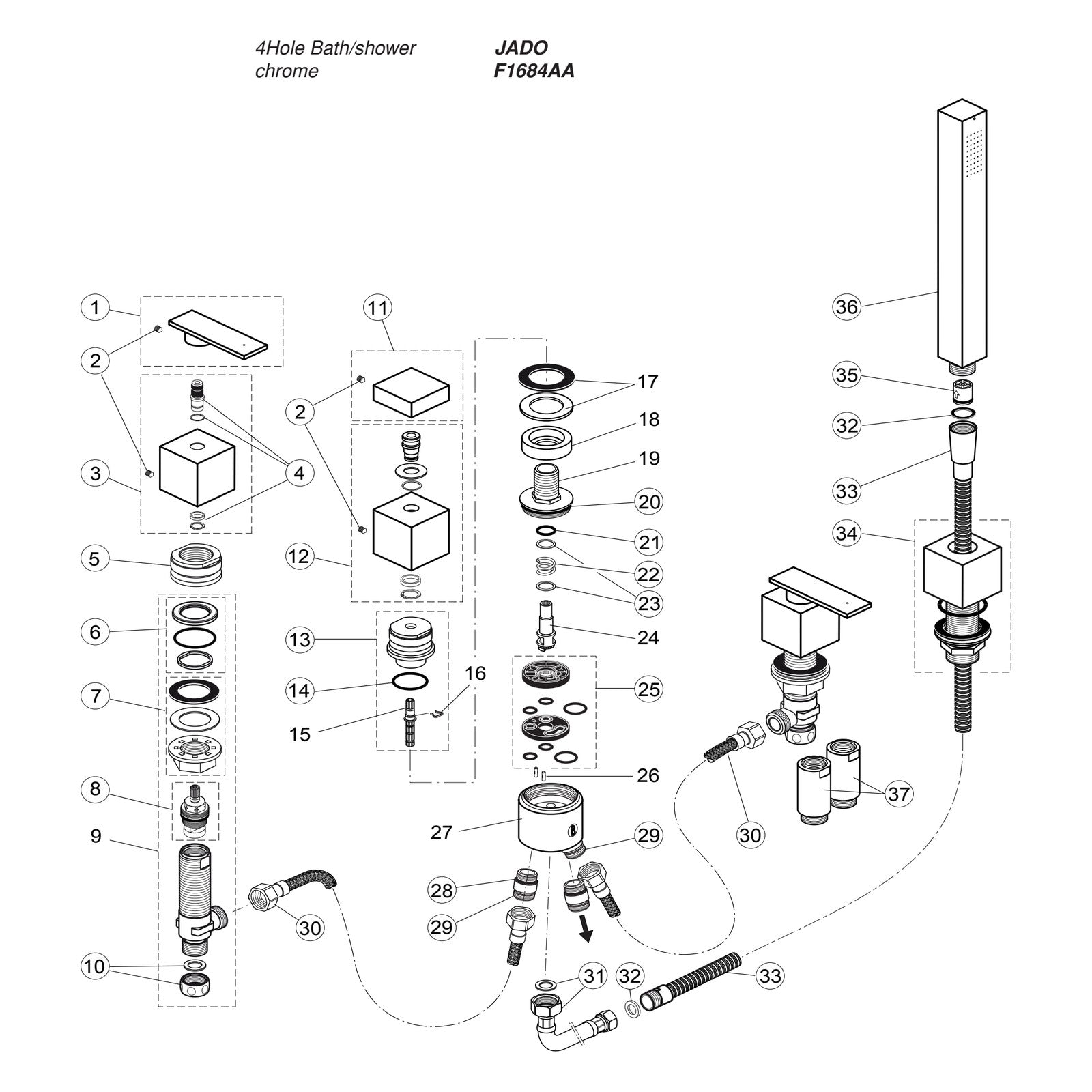 Onderdelentekening Jado Onderdelen Cubic (Borma series) 4-gats Badrandcombinatie F1684AA