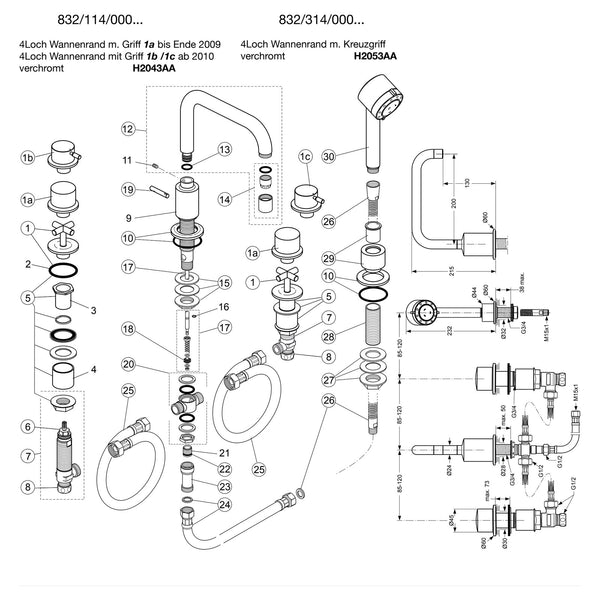 Onderdelentekening Jado Onderdelen IQ 2-greeps 4-gats badrandcombinatie H2043AA / H2053AA