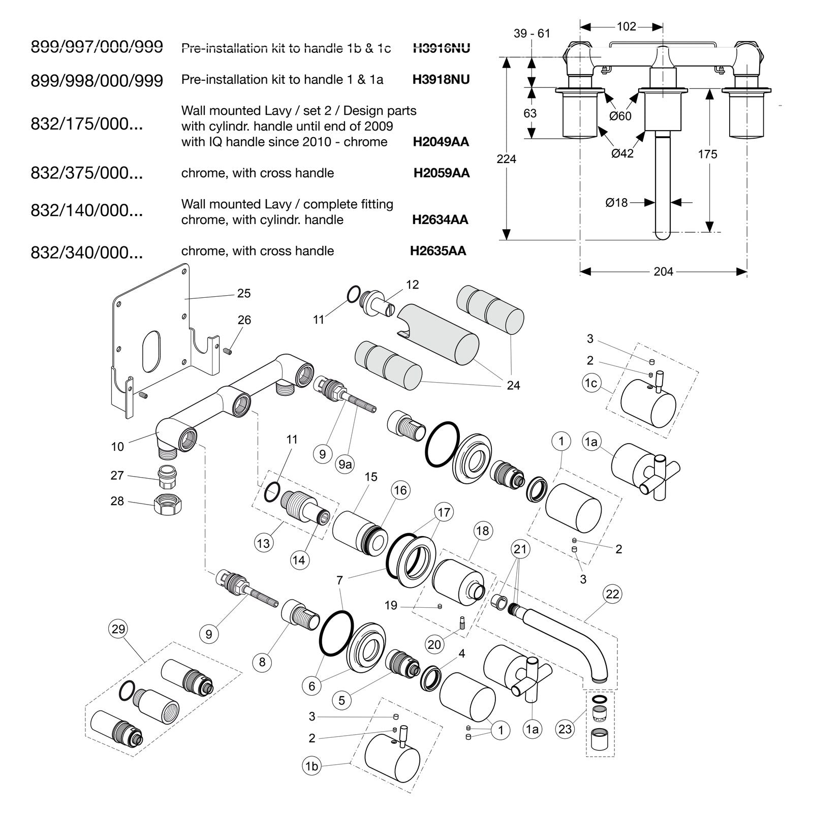 Onderdelentekening Jado Onderdelen IQ 2-greeps wand inbouw wastafelkraan H2049AA / H2059AA / H2634AA / H2635AA