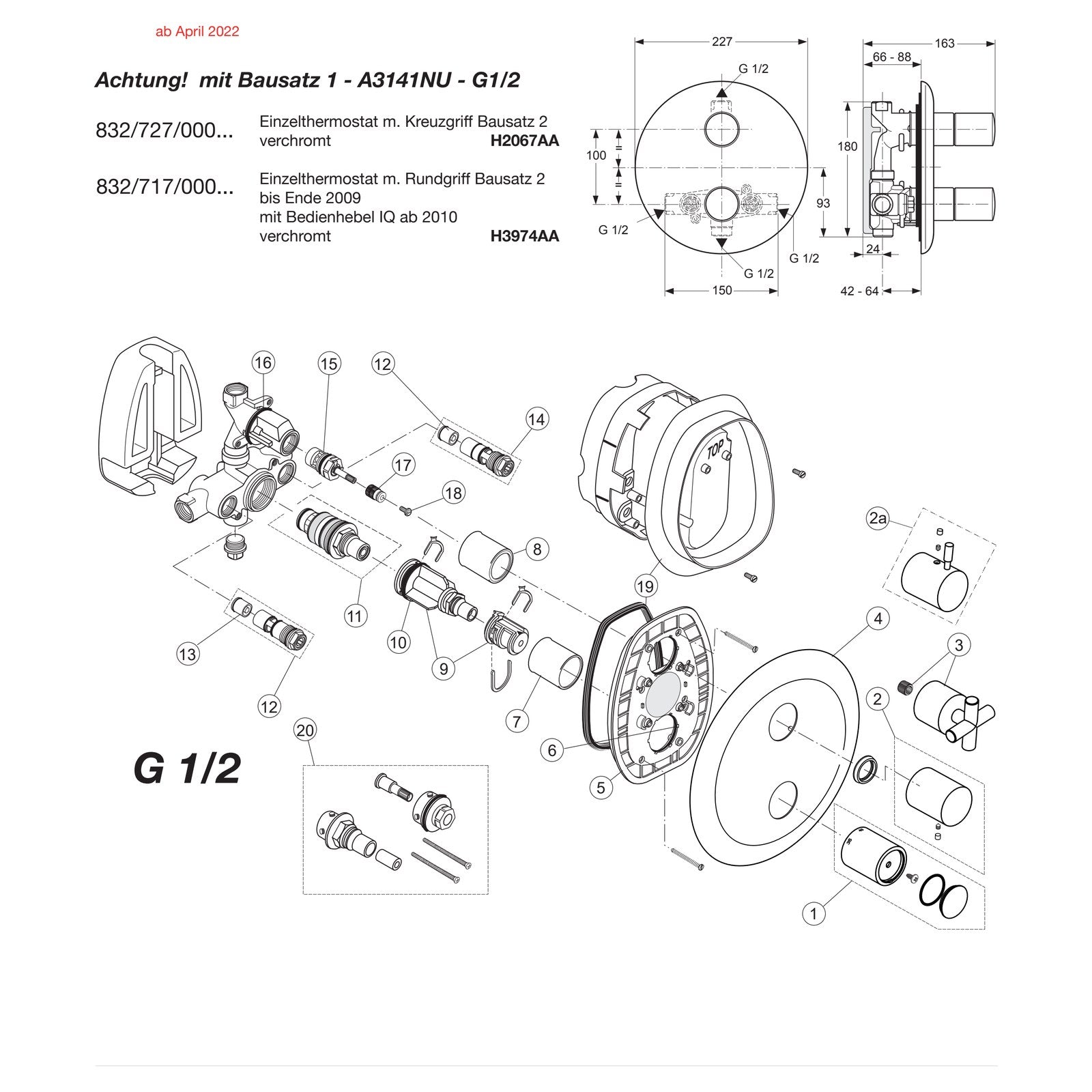 Onderdelentekening Jado Onderdelen IQ inbouw douchethermostaat H2067AA / H3974AA G1/2 (vanaf 04/2022)