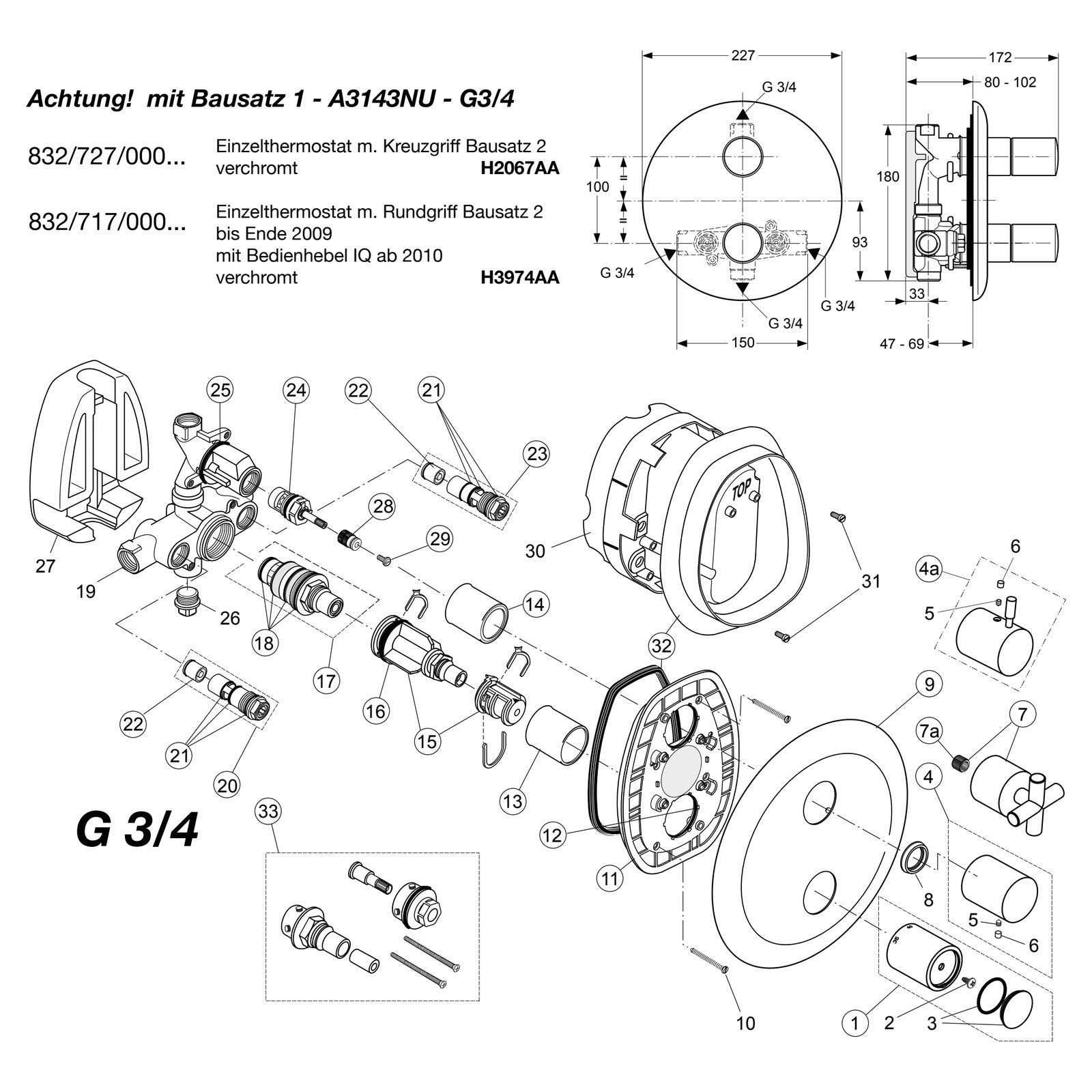 Onderdelentekening Jado Onderdelen IQ inbouw douchethermostaat H2067AA / H3974AA G3/4