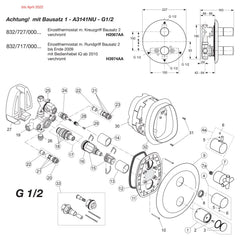 Onderdelentekening Jado Onderdelen IQ inbouw douchethermostaat H2067AA / H3974AA G1/2 (tot 04/2022)