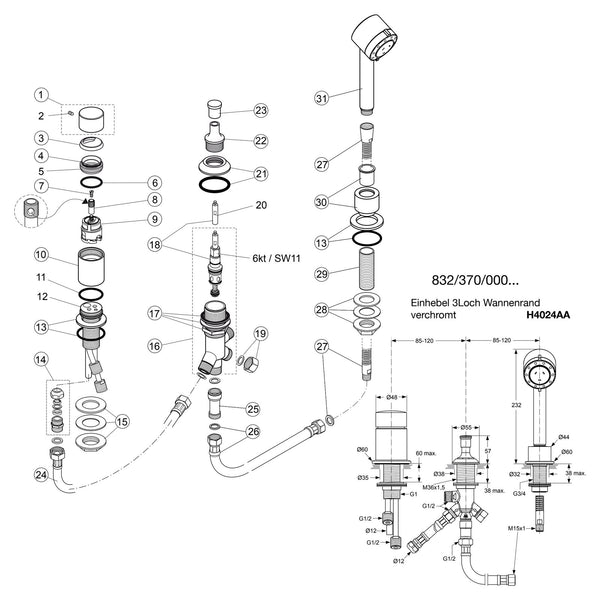 Onderdelentekening Jado Onderdelen IQ 1-greeps 3-gats badrandcombinatie H4024AA