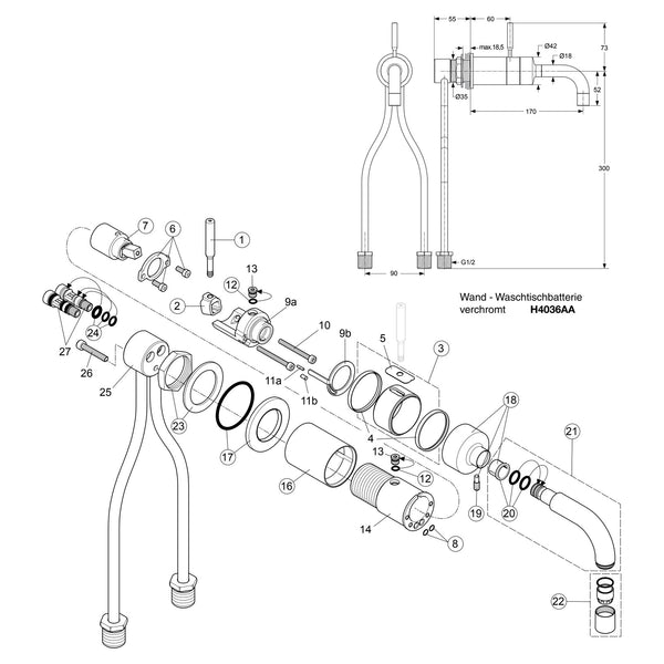 Onderdelentekening Jado Onderdelen IQ 1-greeps wand inbouw wastafelkraan H4036AA