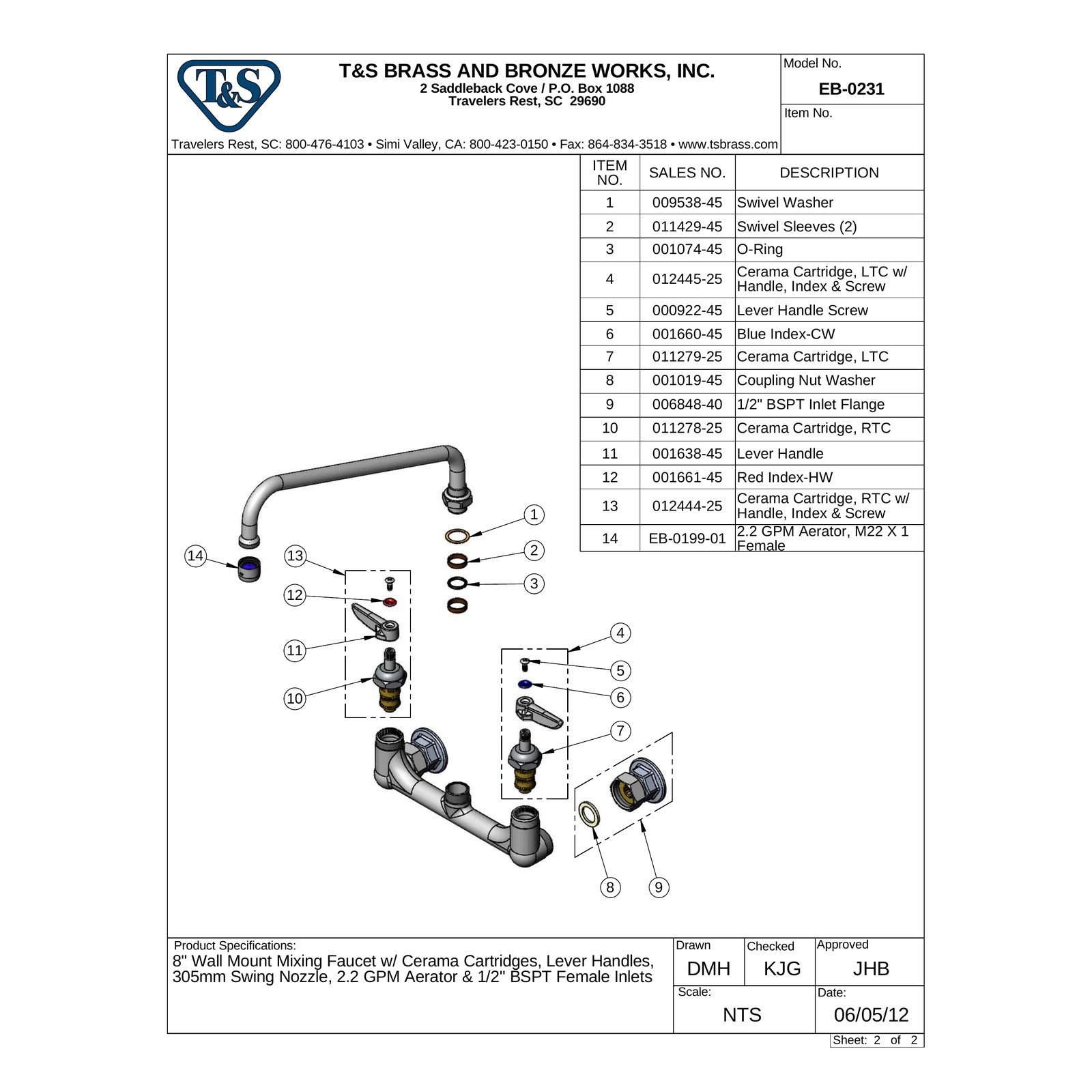Onderdelentekening T&S EB-0231 wandkraan