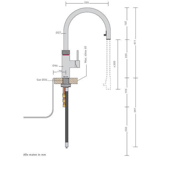 Quooker Flex Alles-in-één kokendwaterkraan met uittrekbare slang