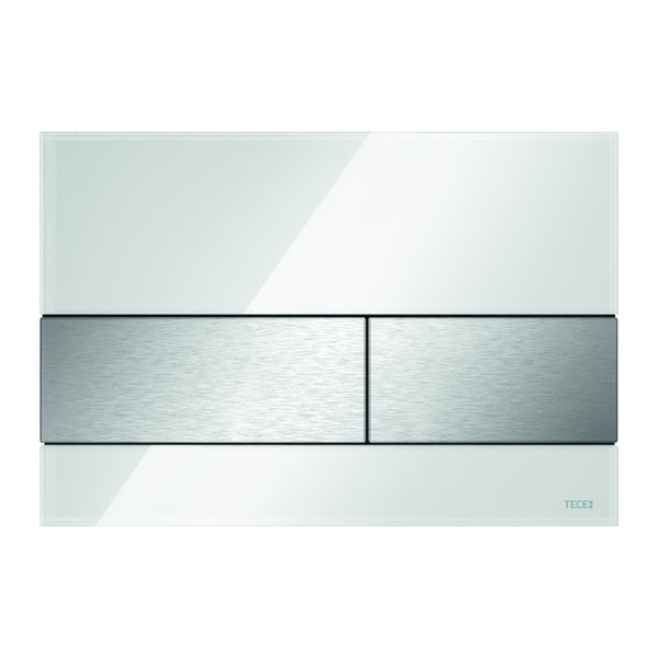 TECE square control, white glass, brushed stainless steel button