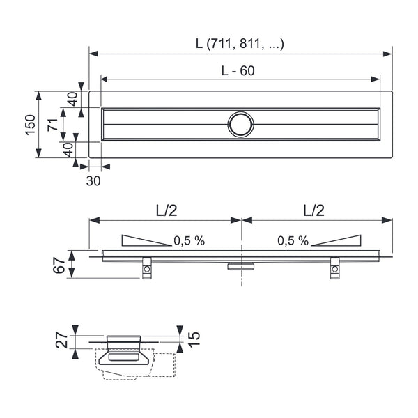 TECE TECEdrainline douchegoot, gekleurde coating, met Seal System afdichtingsband, Mat wit, 1500 mm
