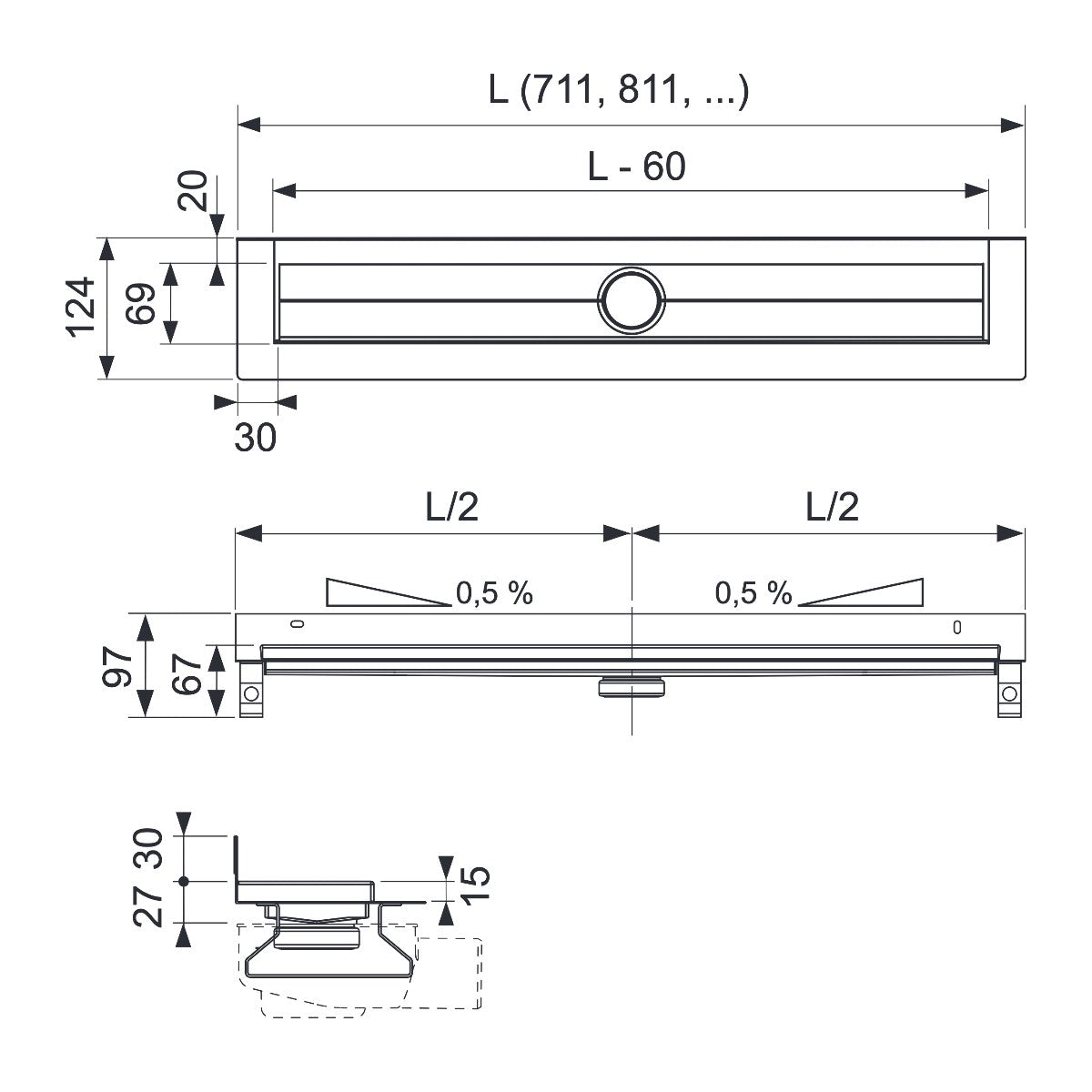 TECE TECEdrainline douchegoot met muurflens en Seal System afdichtingsband, 800 mm