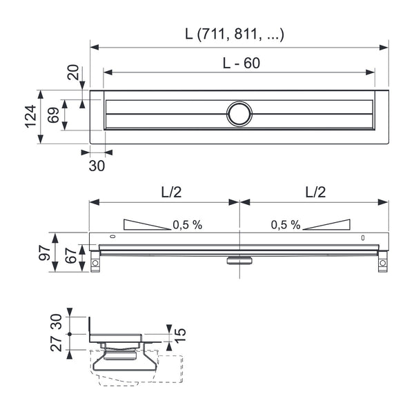 TECE Straight shower drain with wall flange and seal system sealing tape 800 mm