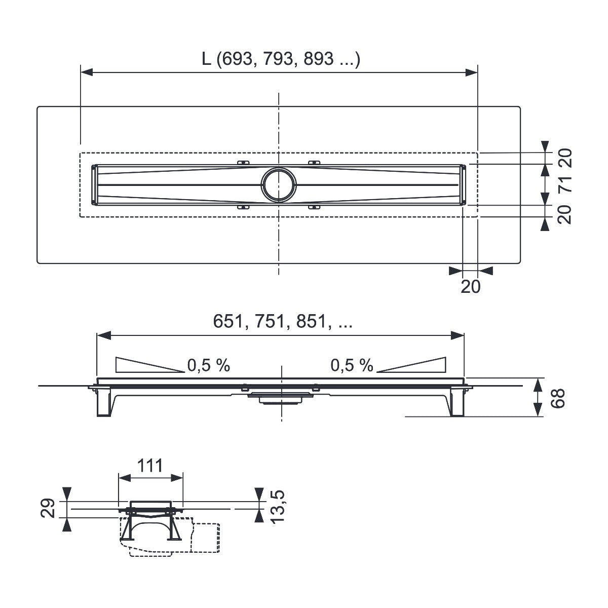 TECE TECEdrainline-Evo douchegoot, gekleurde coating, Mat wit, 700 mm