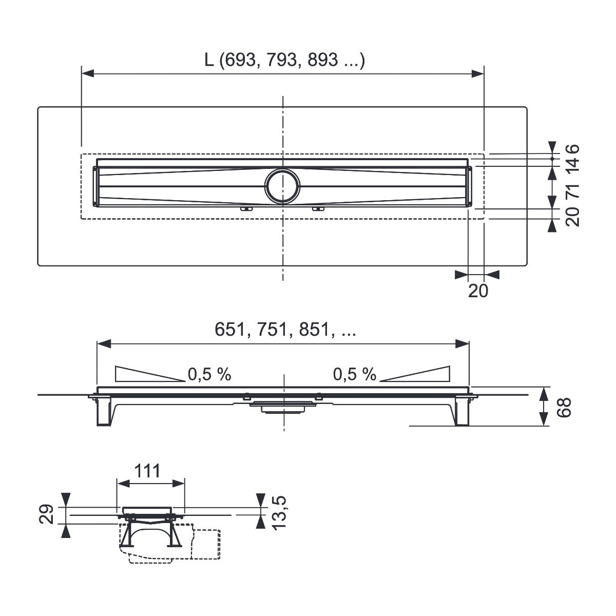 TECEdrainline - Evo shower drain with wall tile cover, 700 mm