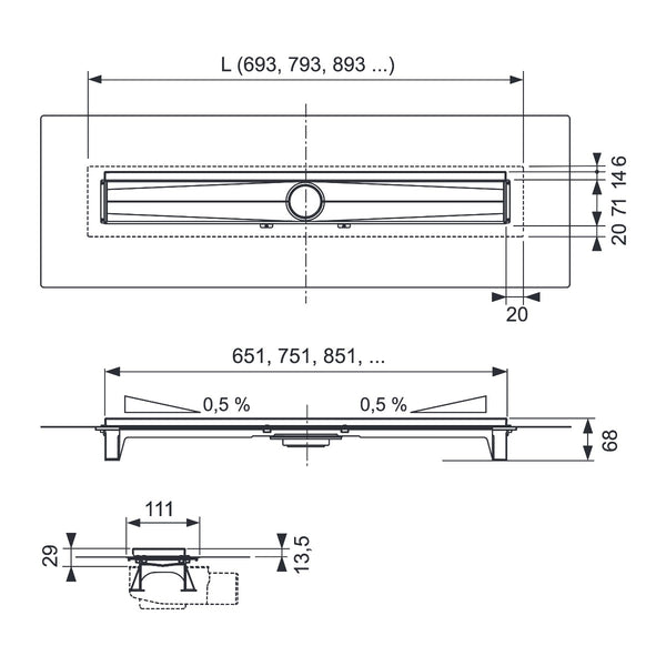 TECEdrainline - Evo shower drain with wall tile cover, 800 mm