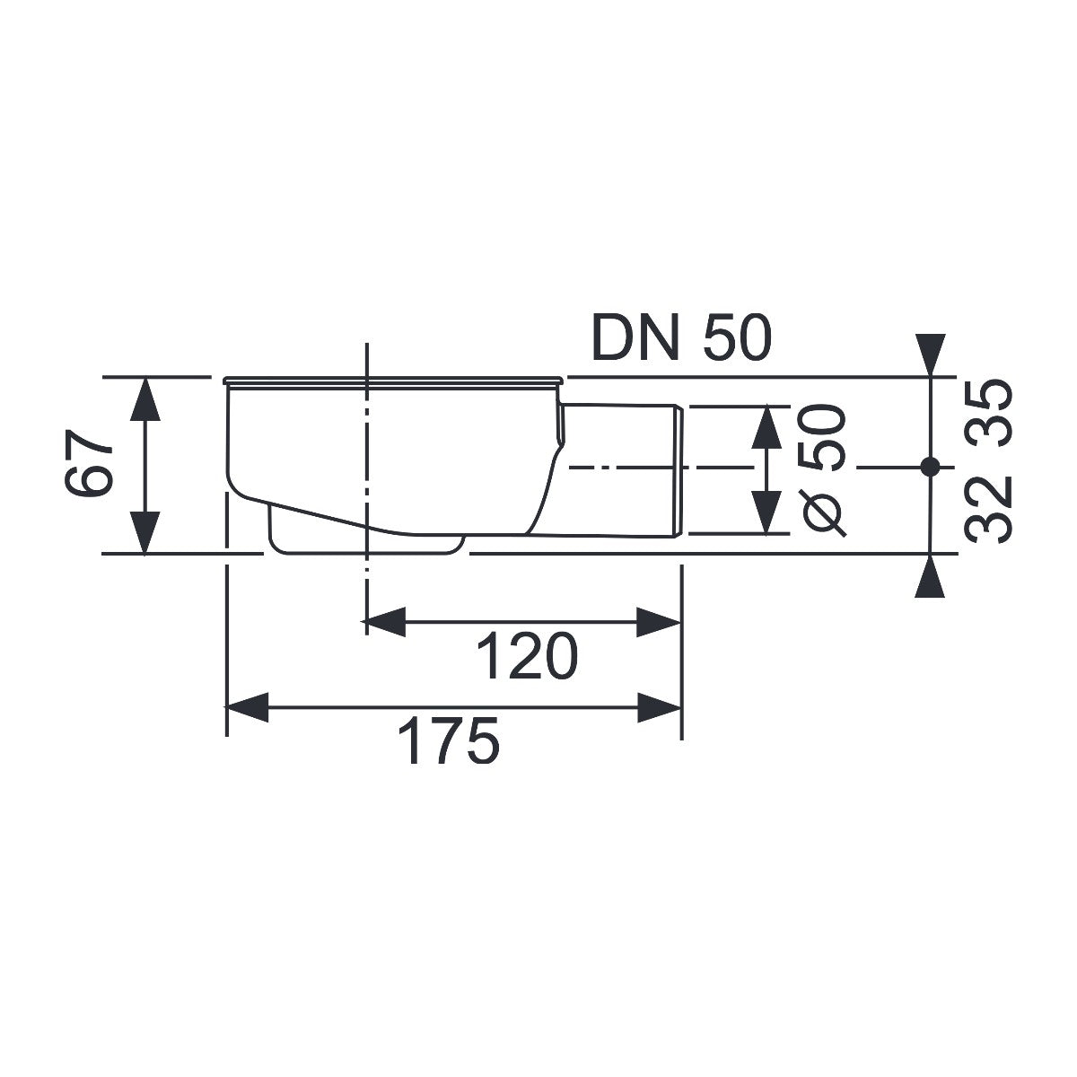 TECE Drain, minimum DN 50, horizontal drain