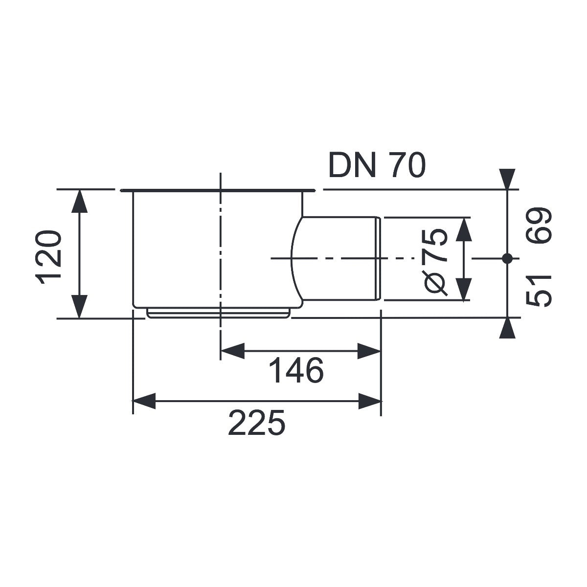 TECE Drain maximum DN 70, horizontal drain