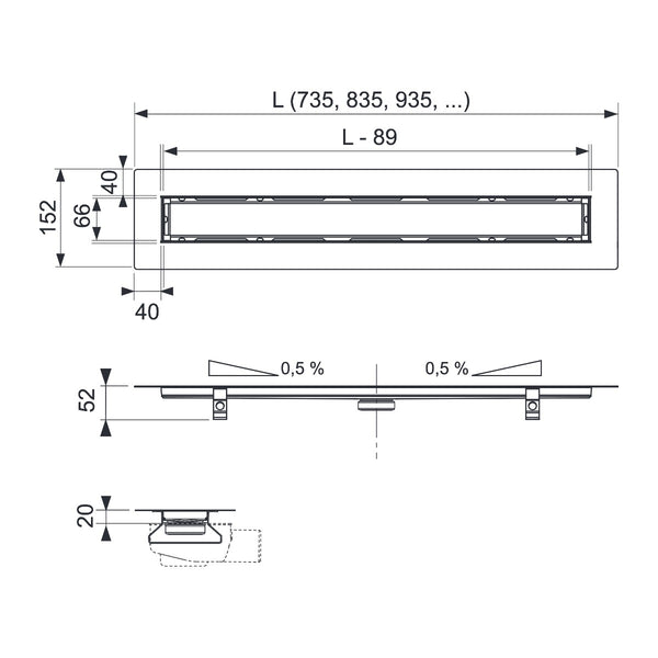 TECE Shower channel and grate stainless steel 