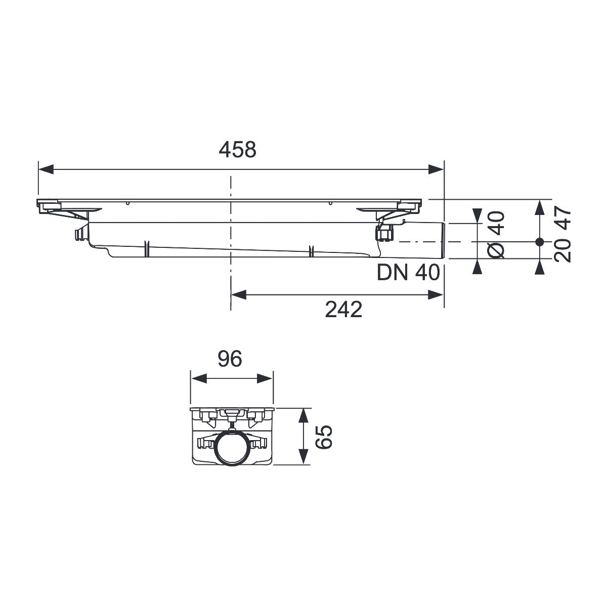 TECEdrainprofile low drain, DN 40, horizontal drain