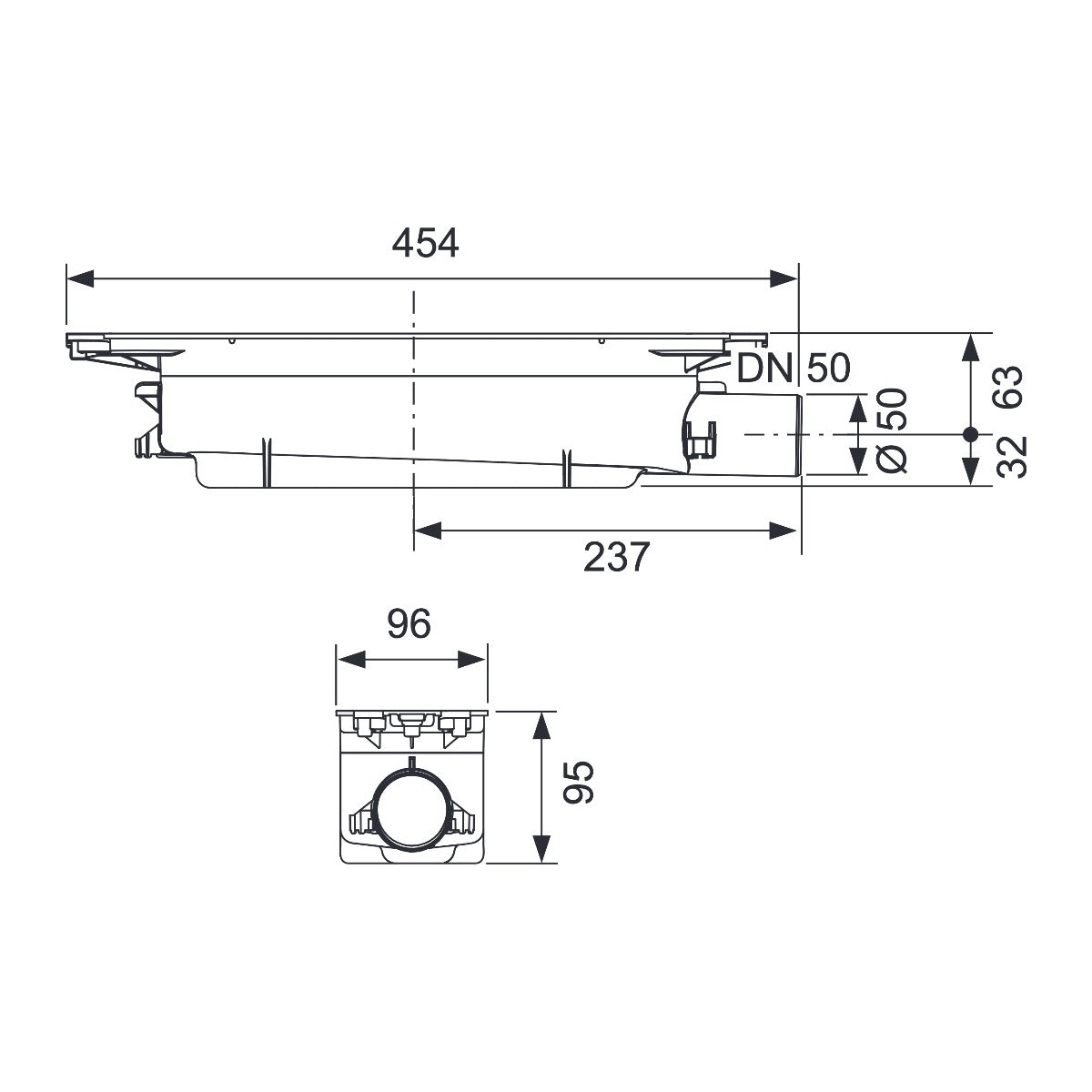 TECEdrainprofile normal drain, DN 50, horizontal drain