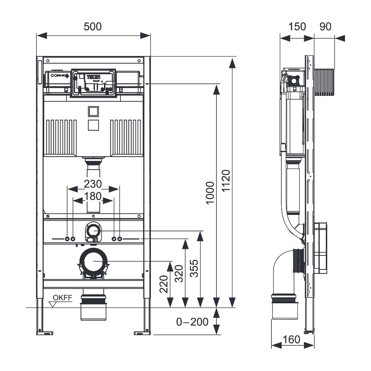 TECE TECEprofil WC-inbouwframe met Uni-reservoir, bouwhoogte 1120 mm