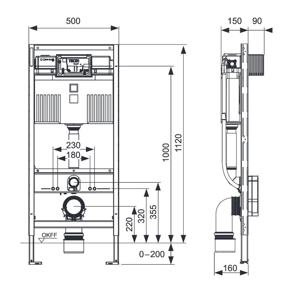 TECE TECEprofil WC-inbouwframe met Uni-reservoir, bouwhoogte 1120 mm