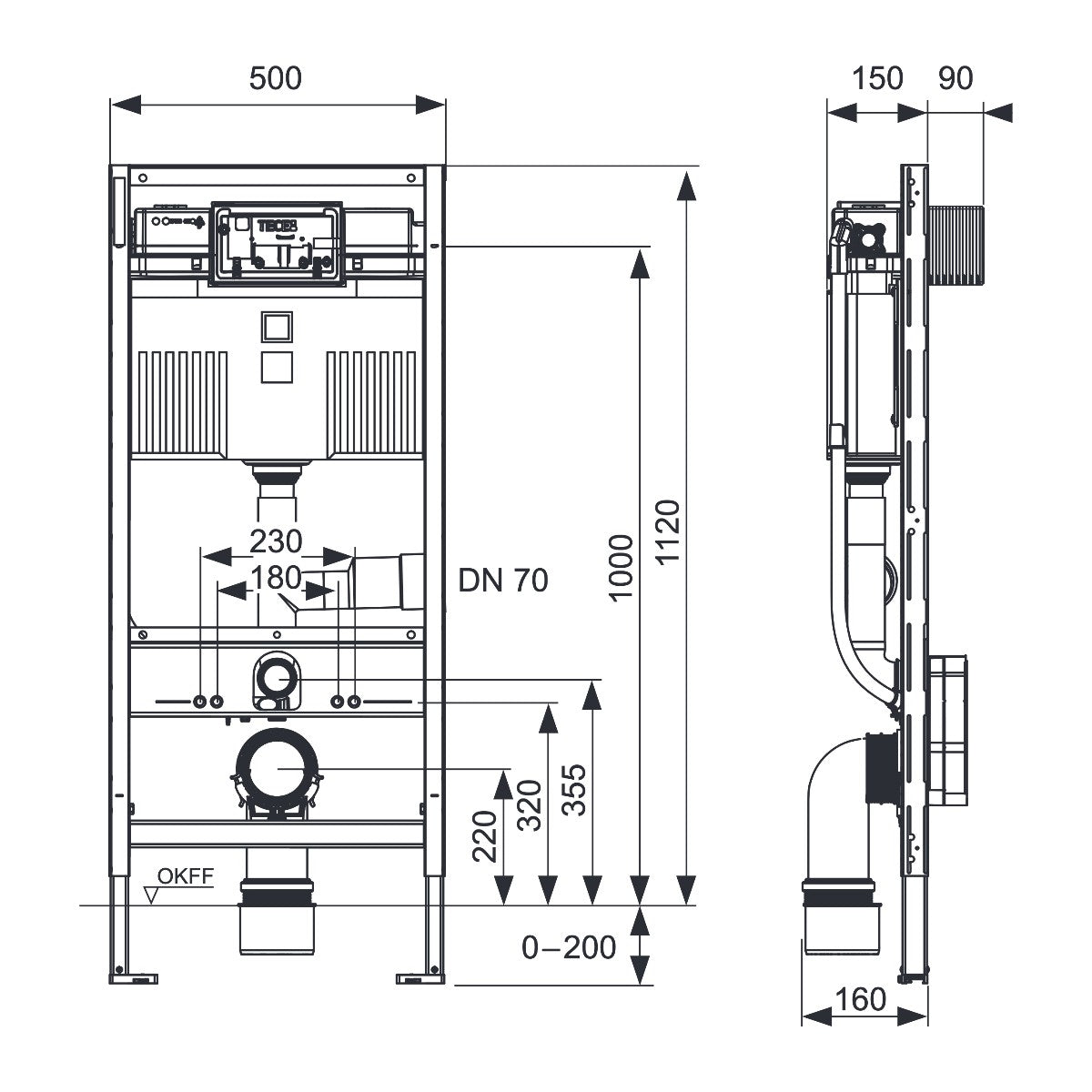 TECEprofil WC installation frame with Uni-flush cabinet, with connection for odour extraction, installation height 1120 mm