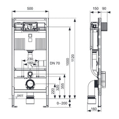 TECEprofil WC installation frame with Uni-flush cabinet, with connection for odour extraction, installation height 1120 mm