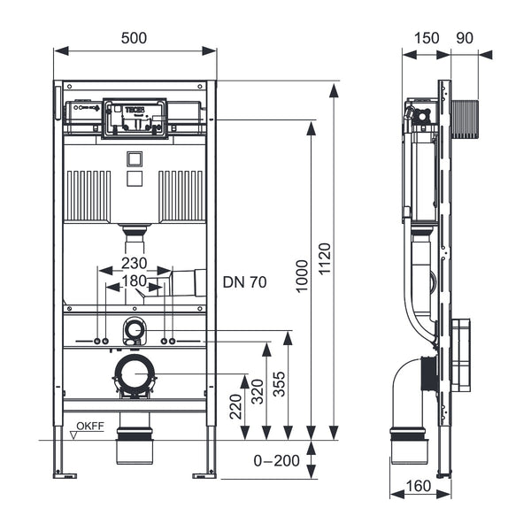 TECE TECEprofil WC-inbouwframe met Uni-reservoir, met aansluiting voor geurafzuiging (DN 70), bouwhoogte 1120 mm