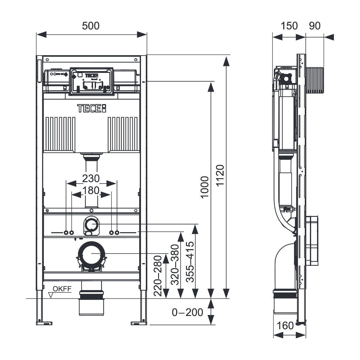 TECE TECEprofil WC-inbouwframe met Uni-reservoir en variabel in hoogte verstelbare onderste bouwconstructie, bouwhoogte 1120 mm