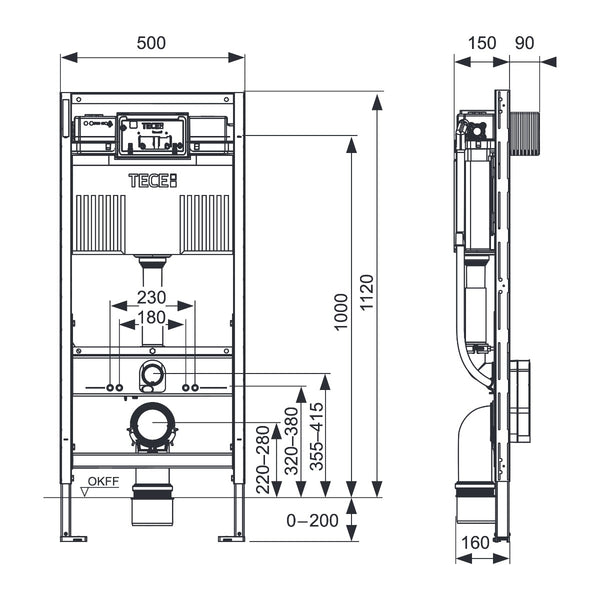 TECE TECEprofil WC-inbouwframe met Uni-reservoir en variabel in hoogte verstelbare onderste bouwconstructie, bouwhoogte 1120 mm
