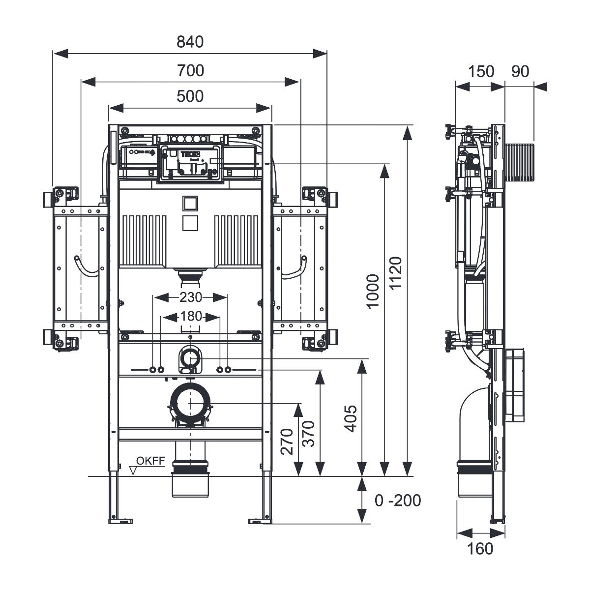 TECE TECEprofil WC-gerontomodule met Uni-reservoir, keramiekbevestiging voor zithoogte van 48 cm conform DIN 18040-1, bouwhoogte 1120 mm
