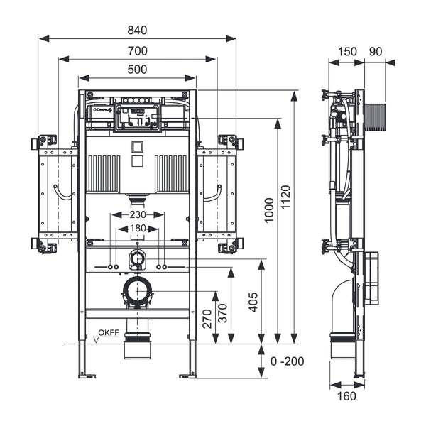 TECE TECEprofil WC-gerontomodule met Uni-reservoir, keramiekbevestiging voor zithoogte van 48 cm conform DIN 18040-1, bouwhoogte 1120 mm
