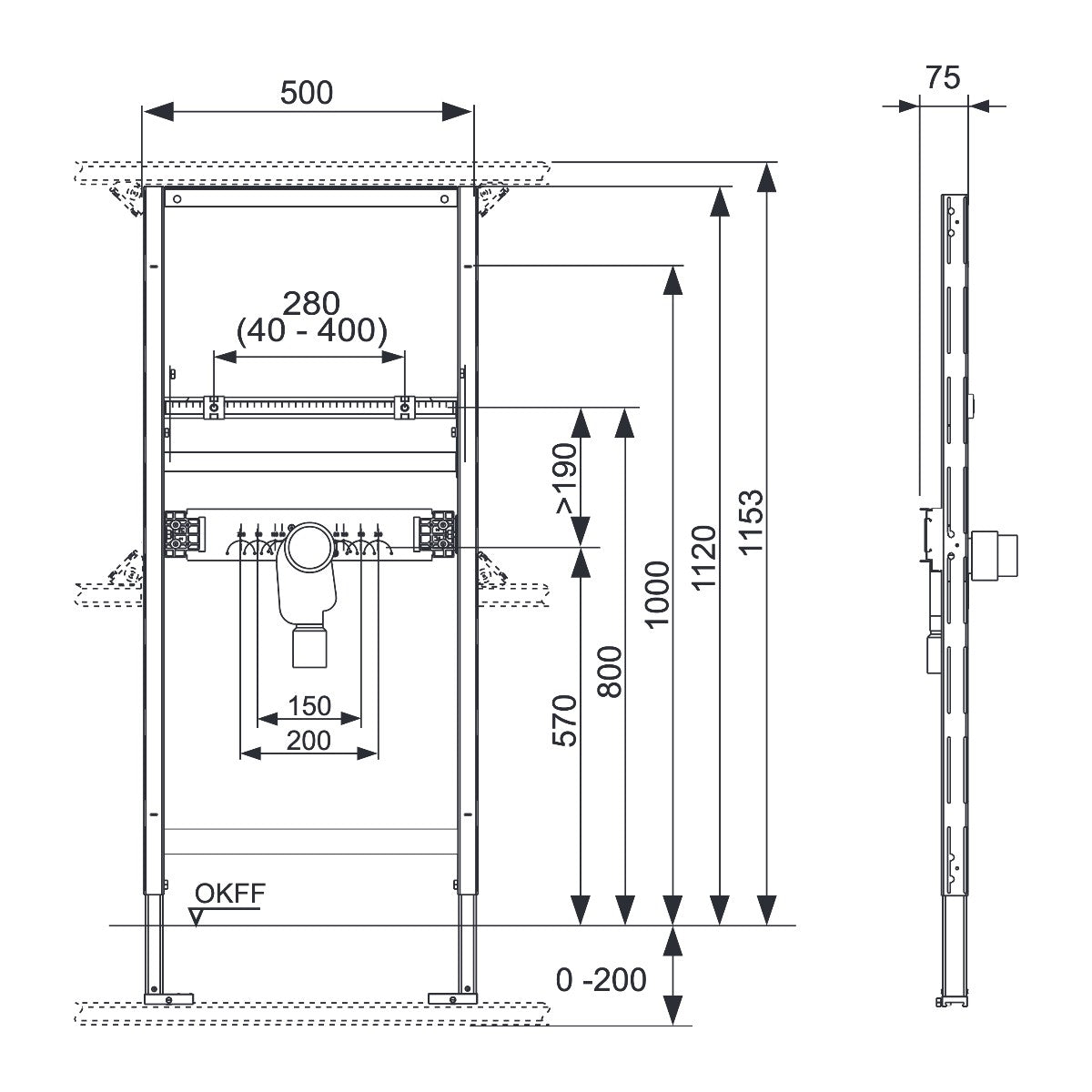 TECE TECEprofil wastafel-inbouwframe bouwhoogte 1120 mm met inbouwsifon
