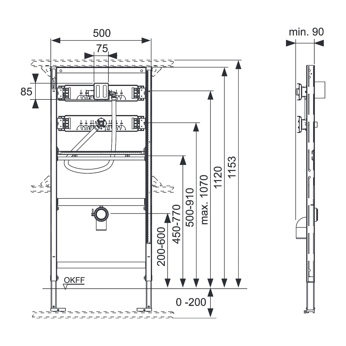 TECE TECEprofil urinoir-inbouwframe met TECE drukspoelerbehuizing U 1, bouwhoogte 1120 mm