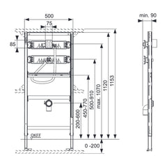 TECE TECEprofil urinoir-inbouwframe met TECE drukspoelerbehuizing U 1, bouwhoogte 1120 mm