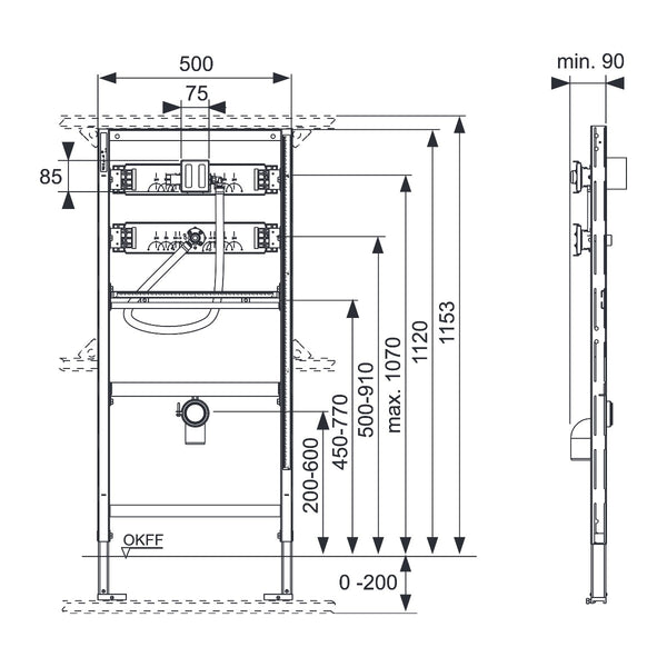 TECE TECEprofil urinoir-inbouwframe met TECE drukspoelerbehuizing U 1, bouwhoogte 1120 mm