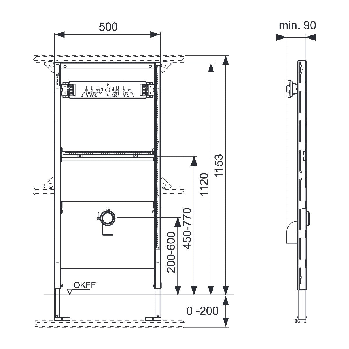 TECE TECEprofil urinoir-inbouwframe voor opbouw drukspoeler, bouwhoogte 1120 mm
