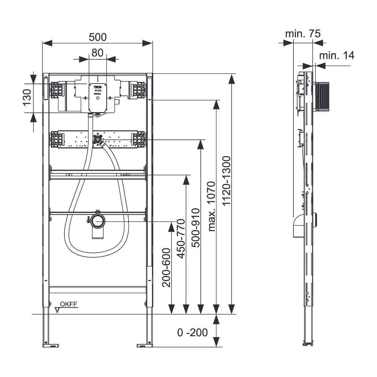 TECE TECEprofil urinoir-inbouwframe met TECE drukspoelerbehuizing U 2, bouwhoogte 1120 mm