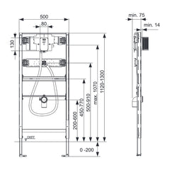 TECE TECEprofil urinoir-inbouwframe met TECE drukspoelerbehuizing U 2, bouwhoogte 1120 mm