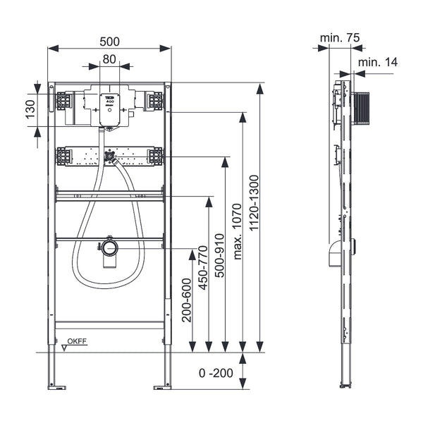 TECE TECEprofil urinoir-inbouwframe met TECE drukspoelerbehuizing U 2, bouwhoogte 1120 mm