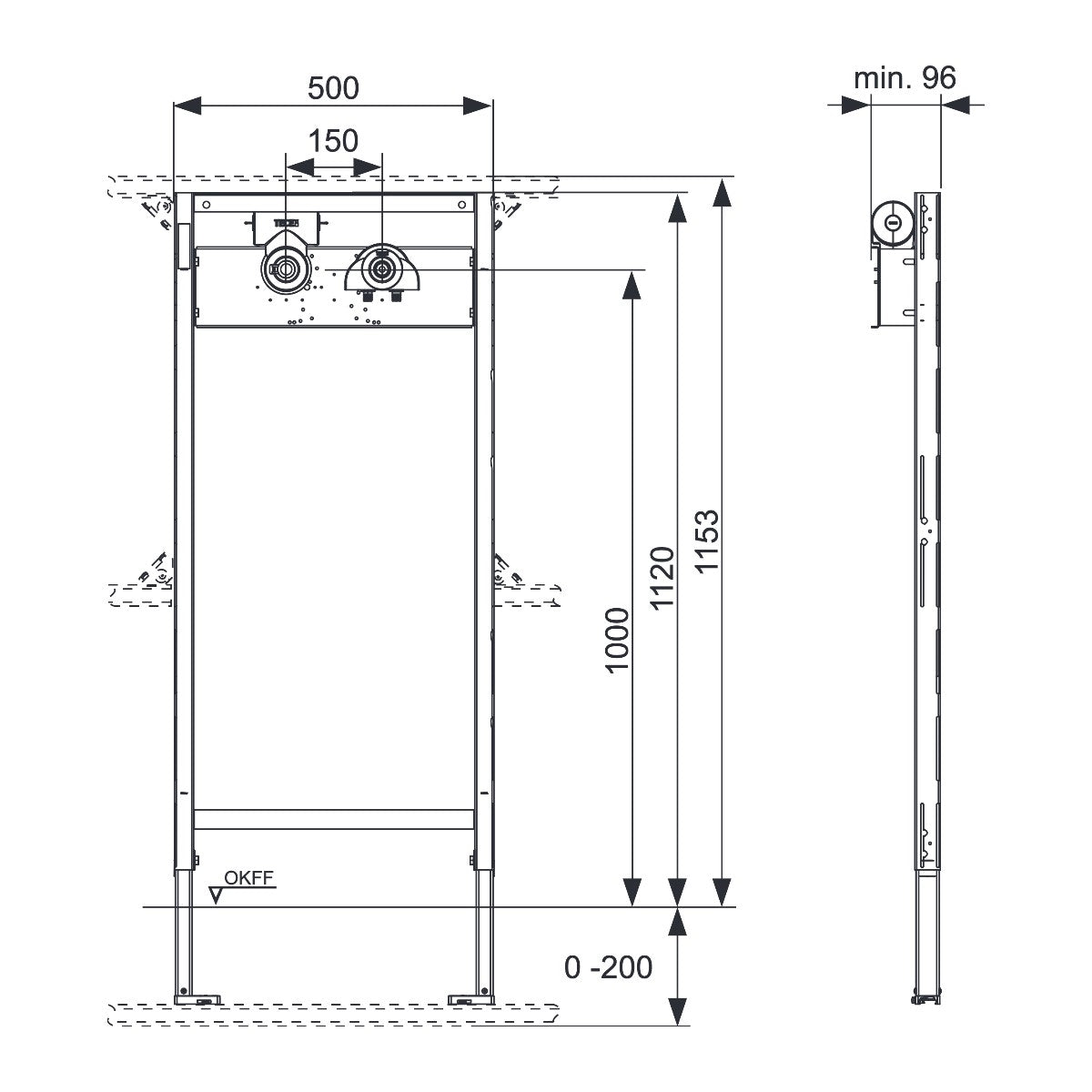 TECE TECEprofil bad-/douche inbouwframe voor wandkranen met TECE-Hygiënebox, bouwhoogte 1120 mm