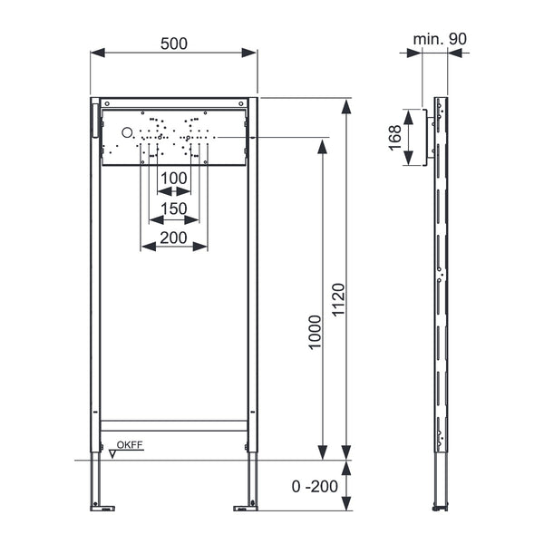 TECE TECEprofil bad-/douche-inbouwframe met verstelbare bevestigingsplaat voor inbouw- en wandkranen, bouwhoogte 1120 mm