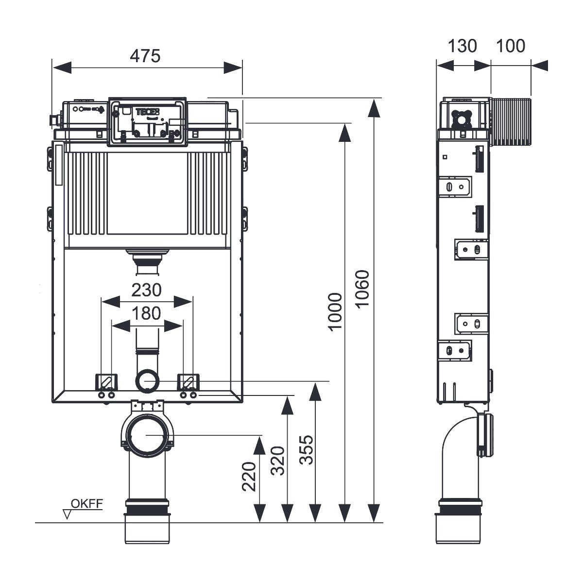 TECEbox WC installation frame with Uni flush tank, installation height 1060 mm