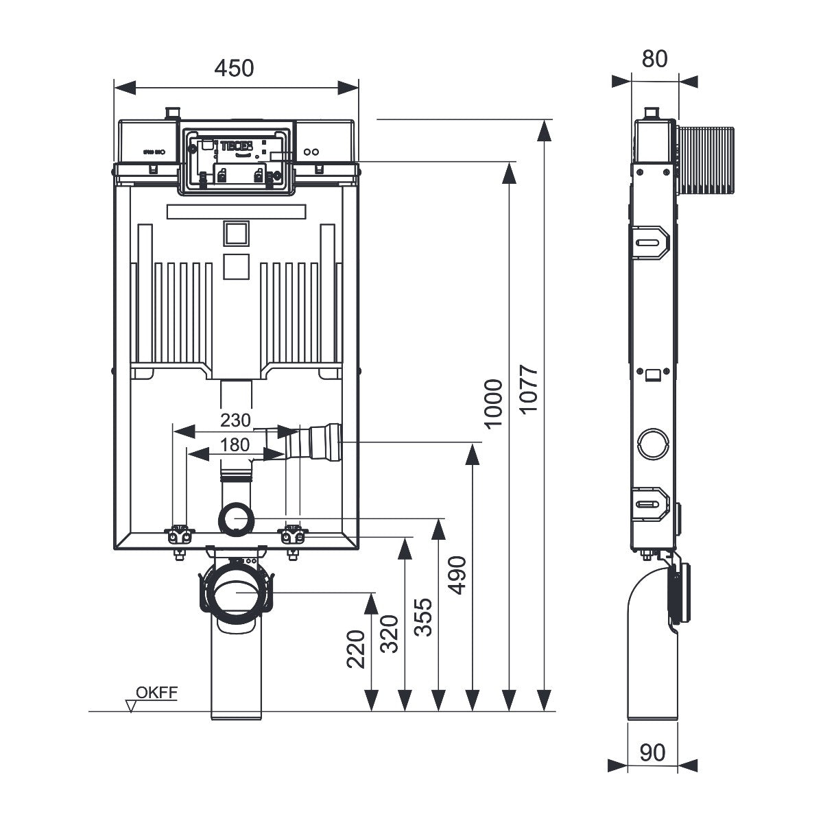 TECE TECEbox WC-inbouwframe met Octa II-reservoir, 8 cm, voor hangend toilet, met aansluiting voor geurafzuiging, bouwhoogte 1075 mm