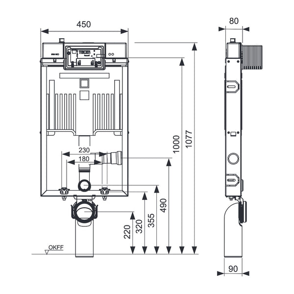 TECE TECEbox WC-inbouwframe met Octa II-reservoir, 8 cm, voor hangend toilet, met aansluiting voor geurafzuiging, bouwhoogte 1075 mm