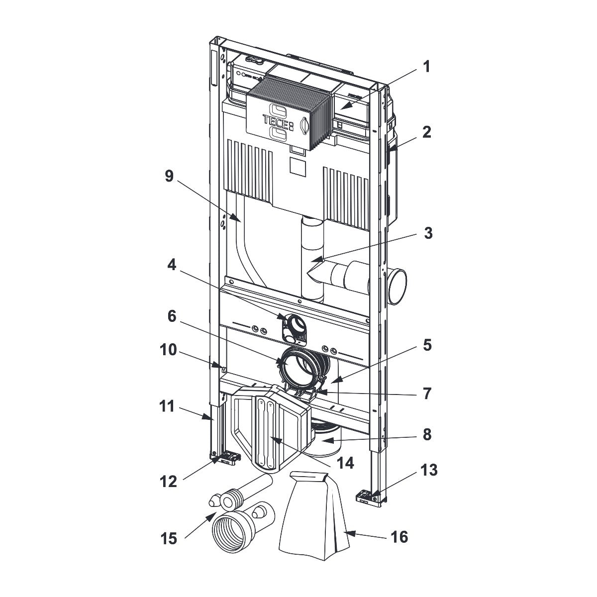 TECEprofil WC installation frame with Uni-flush cabinet, with connection for odour extraction, installation height 1120 mm
