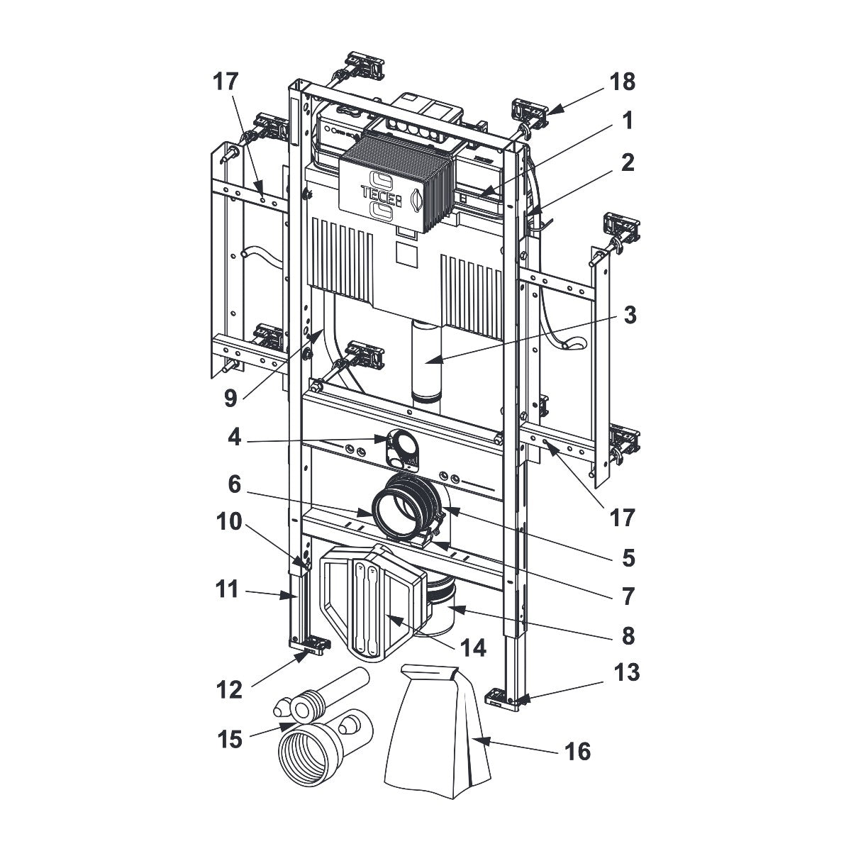 TECE TECEprofil WC-gerontomodule met Uni-reservoir, keramiekbevestiging voor zithoogte van 48 cm conform DIN 18040-1, bouwhoogte 1120 mm