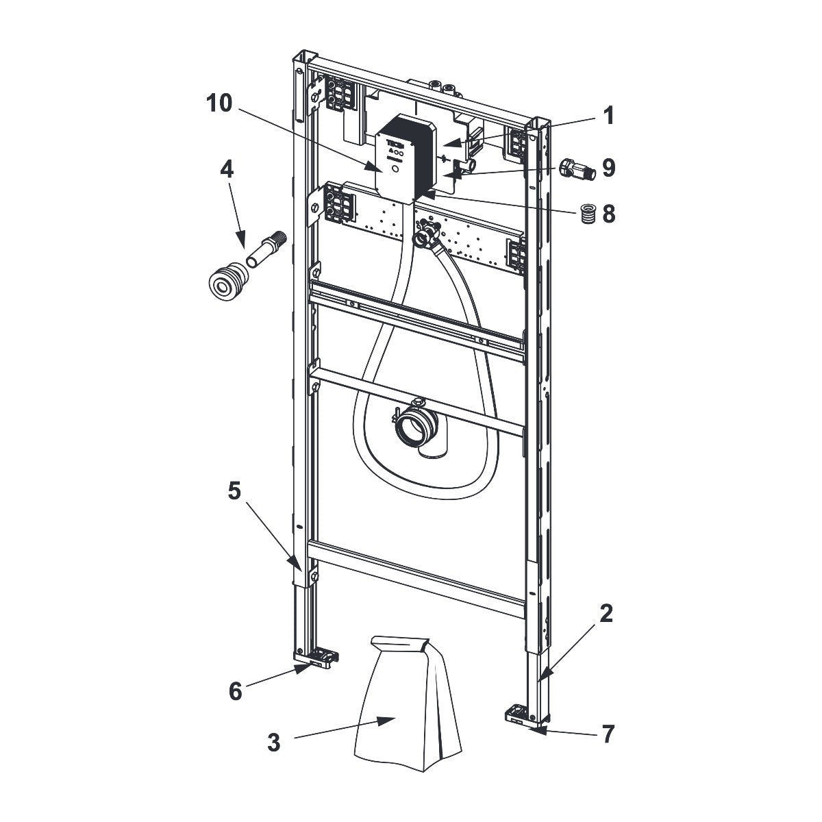 TECE TECEprofil urinoir-inbouwframe met TECE drukspoelerbehuizing U 2, bouwhoogte 1120 mm